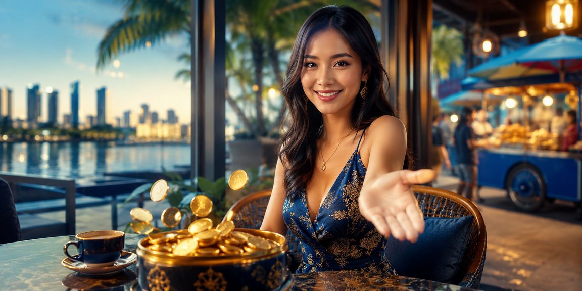 Pemain menikmati bonus cashback VIP sambil minum kopi di kafe modern Vietnam