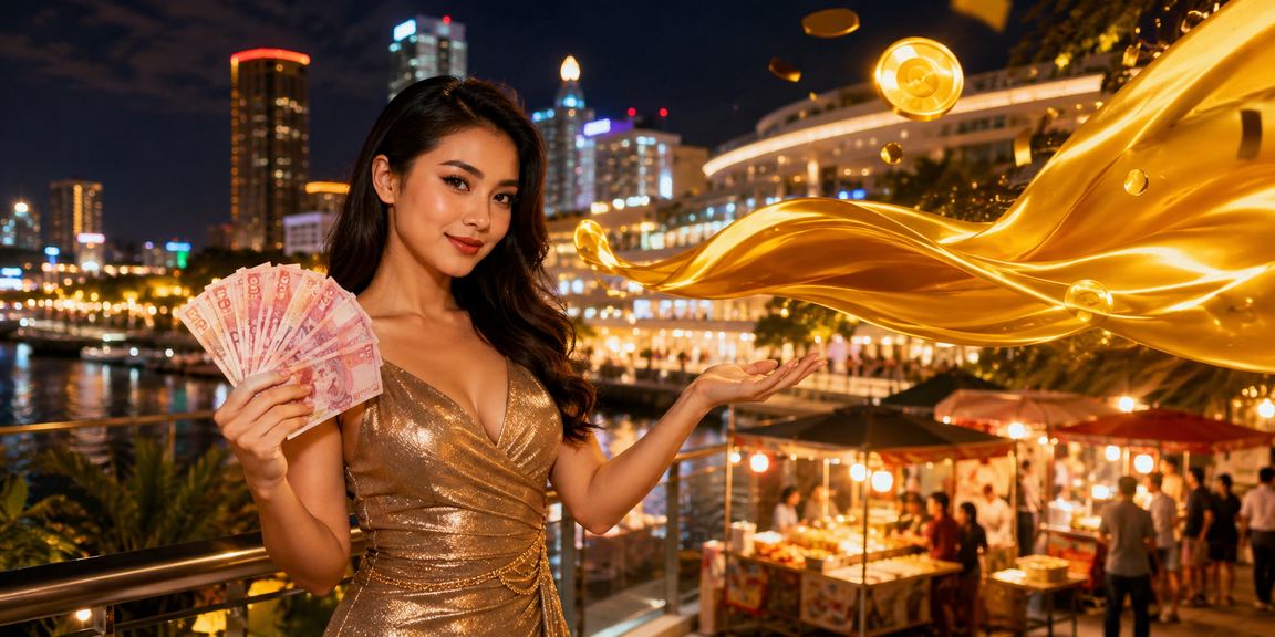 Acara bonus cashback menarik di malam hari bertema pasar lokal Indonesia