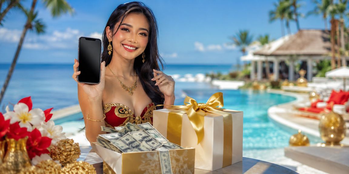 Pemain mengakses casino mobile di pantai tropis dengan tampilan slot jackpot di layar