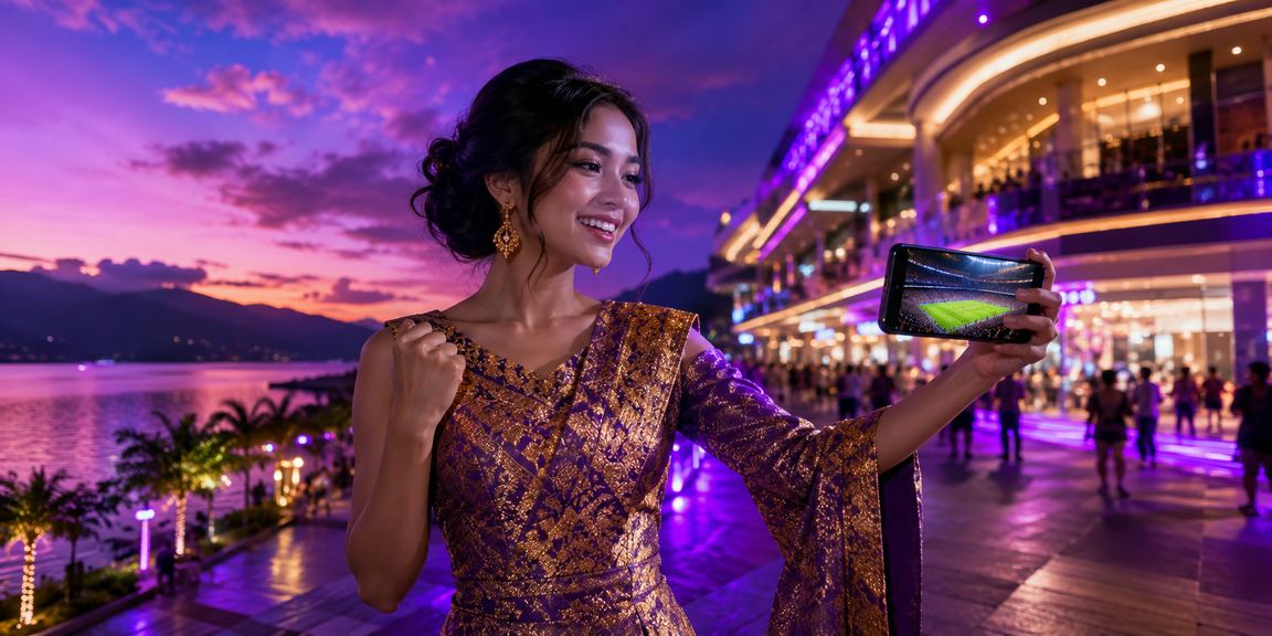 Suasana pasar malam dengan pengguna mengakses casino mobile secara aman dan nyaman